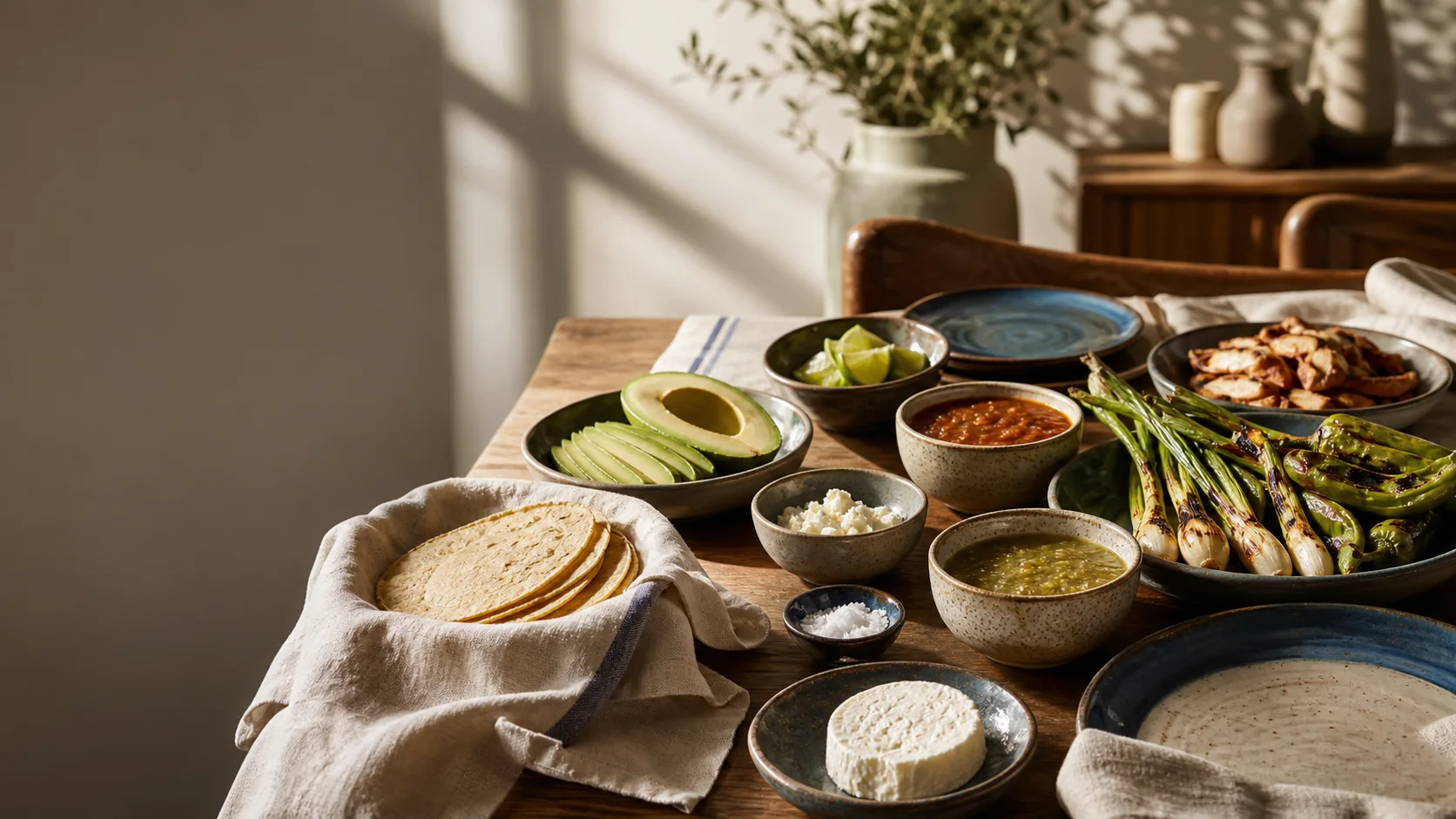 Mesa con tortillas, queso fresco, aguacate, verduras asadas y salsas servidas